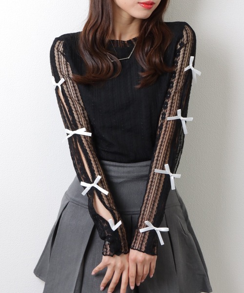 Lace Ladies(レースレディース)の「メニーリボン シアー ドッキング 長袖 レース プルオーバー(Tシャツ/カットソー・レディース・ブラック/ホワイト・M)」の8枚目の写真