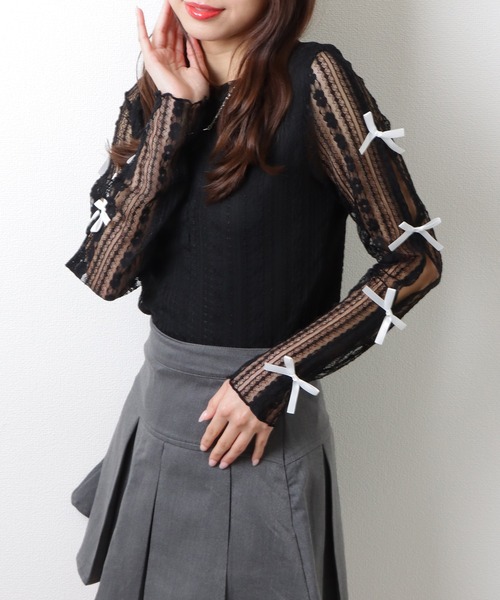 Lace Ladies(レースレディース)の「メニーリボン シアー ドッキング 長袖 レース プルオーバー(Tシャツ/カットソー・レディース・ブラック/ホワイト・M)」の10枚目の写真