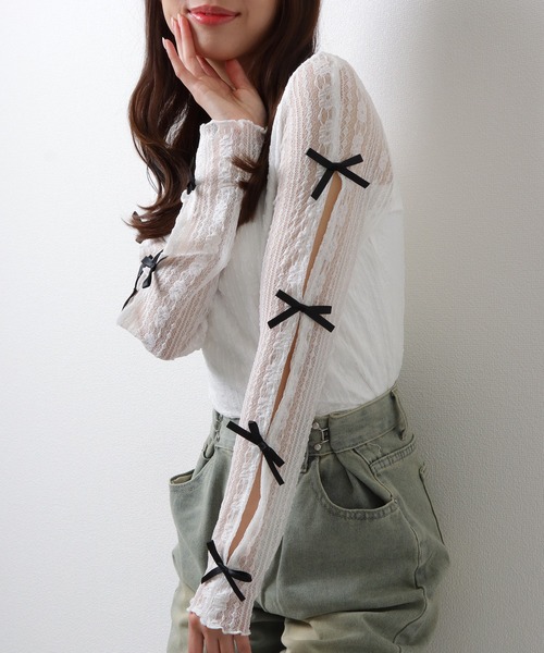 Lace Ladies(レースレディース)の「メニーリボン シアー ドッキング 長袖 レース プルオーバー(Tシャツ/カットソー・レディース・ブラック/ホワイト・M)」の3枚目の写真