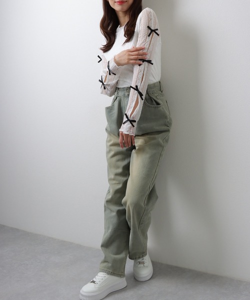 Lace Ladies(レースレディース)の「メニーリボン シアー ドッキング 長袖 レース プルオーバー(Tシャツ/カットソー・レディース・ブラック/ホワイト・M)」の4枚目の写真