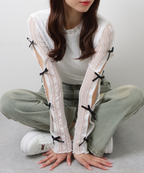 Lace Ladies(レースレディース)の「メニーリボン シアー ドッキング 長袖 レース プルオーバー(Tシャツ/カットソー・レディース・ブラック/ホワイト・M)」の5枚目の写真