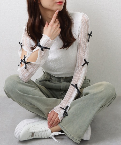 Lace Ladies(レースレディース)の「メニーリボン シアー ドッキング 長袖 レース プルオーバー(Tシャツ/カットソー・レディース・ブラック/ホワイト・M)」の7枚目の写真