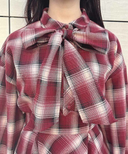 F i.n.t（フィント）の「【セットアップ対応】ビッグリボンタイ付きチェックシャツ/fint（シャツ/ブラウス・レディース・ブルー/グリーン×ピンク/ボルドー・FREE）」の18枚目の写真