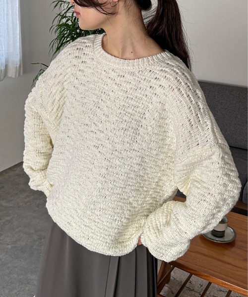 feepur(フェピュール)の「【ハンドウォッシャブル】ロービングヤーンタック編みニット(ニット/セーター・レディース・ブルー/オフホワイト/ベージュ/ブラック・MEDIUM)」の1枚目の写真