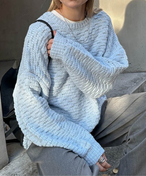 feepur(フェピュール)の「【ハンドウォッシャブル】ロービングヤーンタック編みニット(ニット/セーター・レディース・ブルー/オフホワイト/ベージュ/ブラック・MEDIUM)」の13枚目の写真