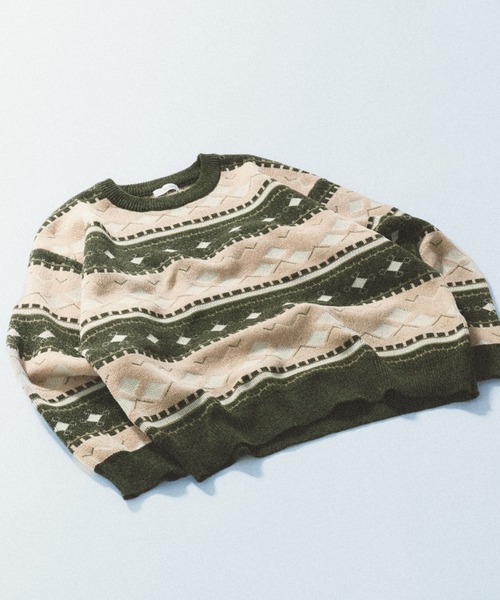 Adoon plain(アドーンプレーン)の「ALL OVER PATTERN MALL KNIT PULLOVER 総柄モールニットプルオーバー(ニット/セーター・メンズ・グリーン/ボルドー・MEDIUM/LARGE)」の2枚目の写真