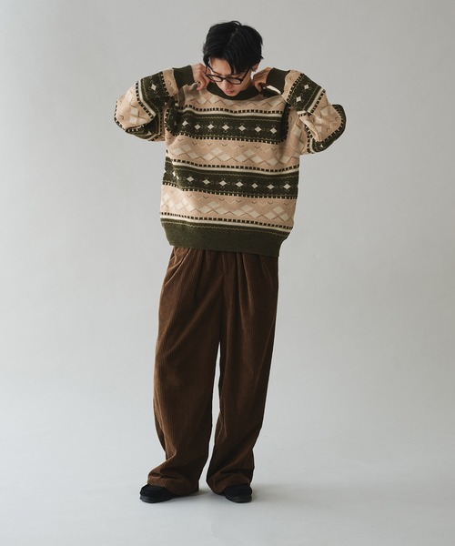 Adoon plain(アドーンプレーン)の「ALL OVER PATTERN MALL KNIT PULLOVER 総柄モールニットプルオーバー(ニット/セーター・メンズ・グリーン/ボルドー・MEDIUM/LARGE)」の8枚目の写真
