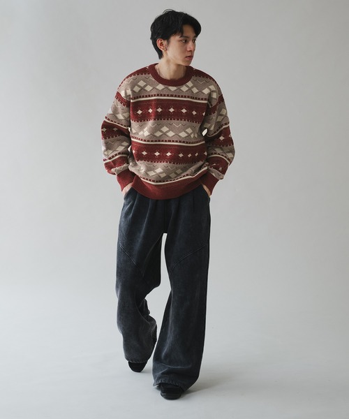 Adoon plain(アドーンプレーン)の「ALL OVER PATTERN MALL KNIT PULLOVER 総柄モールニットプルオーバー(ニット/セーター・メンズ・グリーン/ボルドー・MEDIUM/LARGE)」の14枚目の写真