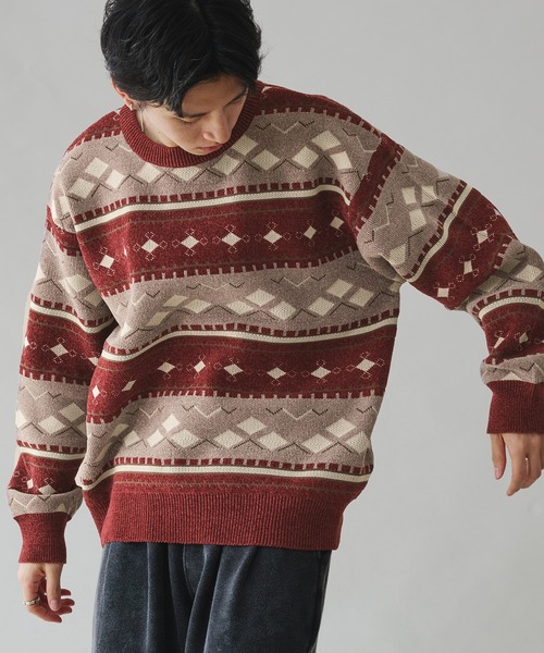 Adoon plain(アドーンプレーン)の「ALL OVER PATTERN MALL KNIT PULLOVER 総柄モールニットプルオーバー(ニット/セーター・メンズ・グリーン/ボルドー・MEDIUM/LARGE)」の3枚目の写真