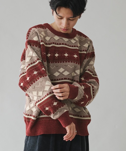 Adoon plain(アドーンプレーン)の「ALL OVER PATTERN MALL KNIT PULLOVER 総柄モールニットプルオーバー(ニット/セーター・メンズ・グリーン/ボルドー・MEDIUM/LARGE)」の4枚目の写真