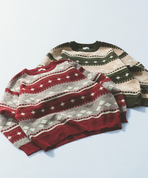 Adoon plain(アドーンプレーン)の「ALL OVER PATTERN MALL KNIT PULLOVER 総柄モールニットプルオーバー(ニット/セーター・メンズ・グリーン/ボルドー・MEDIUM/LARGE)」の20枚目の写真