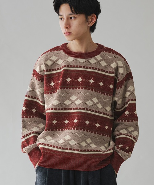 Adoon plain(アドーンプレーン)の「ALL OVER PATTERN MALL KNIT PULLOVER 総柄モールニットプルオーバー(ニット/セーター・メンズ・グリーン/ボルドー・MEDIUM/LARGE)」の18枚目の写真