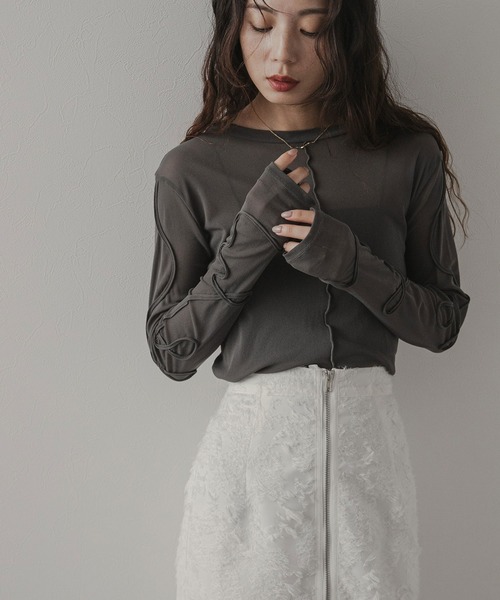 rectangle（レクタングル）の「コード刺繍リボンシアートップス（Tシャツ/カットソー・レディース・ブラック/チャコールグレー/サックスブルー/アイボリー・FREE）」の3枚目の写真