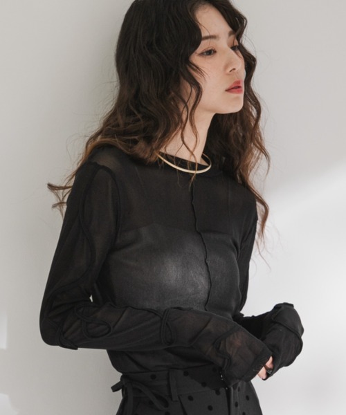 rectangle（レクタングル）の「コード刺繍リボンシアートップス（Tシャツ/カットソー・レディース・ブラック/チャコールグレー/サックスブルー/アイボリー・FREE）」の2枚目の写真