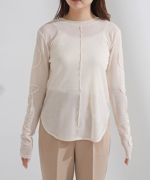 rectangle（レクタングル）の「コード刺繍リボンシアートップス（Tシャツ/カットソー・レディース・ブラック/チャコールグレー/サックスブルー/アイボリー・FREE）」の13枚目の写真