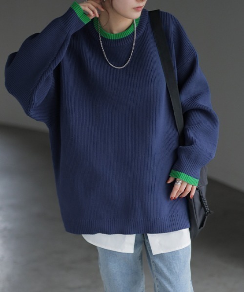 HUG.U(ハグユー)の「オーバーサイズ配色スポンジニット(ニット/セーター・レディース・ブラック/アイボリー/ダークグリーン/グレー/ブルー/ベージュ系/ダークブラウン・FREE)」の8枚目の写真