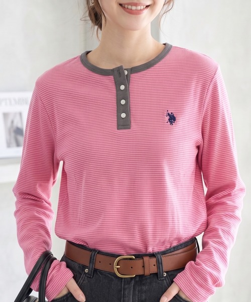 U.S. POLO ASSN.（ユーエスポロアッスン）の「Ada.別注 // U.S. POLO ASSN ヘンリーネック ボーダー トップス（Tシャツ/カットソー・レディース・ベージュ/ホワイト/ブラック/チャコール/アイボリー/グレー/サンドベージュ/ピンク・FREE）」の8枚目の写真