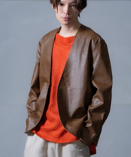 improves(インプローブス)の「PU ノーカラージャケット(テーラードジャケット・メンズ・アイボリー/チャコール/ブラウン・MEDIUM/LARGE)」の3枚目の写真