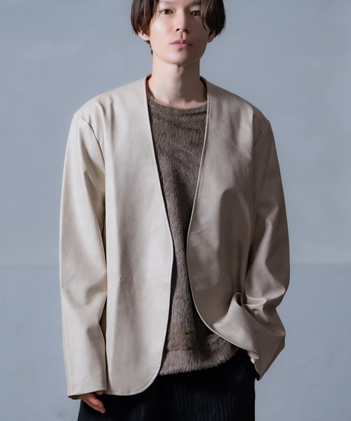 improves(インプローブス)の「PU ノーカラージャケット(テーラードジャケット・メンズ・アイボリー/チャコール/ブラウン・MEDIUM/LARGE)」の2枚目の写真