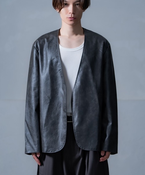 improves(インプローブス)の「PU ノーカラージャケット(テーラードジャケット・メンズ・アイボリー/チャコール/ブラウン・MEDIUM/LARGE)」の13枚目の写真