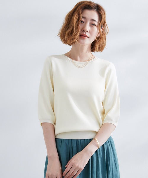 grove（グローブ）の「ひんやり多機能・やわらかドライタッチ五分袖プルオーバー（ニット/セーター・レディース・ブラック/オフホワイト/ブルー/ブラック系2/ライトグレー/ライトイエロー系/ピンク系/ネイビー/ホワイト系7/ブルーグリーン/アイボリー/ダークグレー/ダークグリーン/ベビーピンク/ベージュ系その他6/ベージュ系2・02/03/01/04/05）」の3枚目の写真