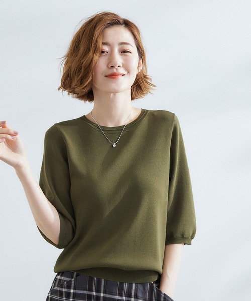 grove（グローブ）の「ひんやり多機能・やわらかドライタッチ五分袖プルオーバー（ニット/セーター・レディース・ブラック/オフホワイト/ブルー/ブラック系2/ライトグレー/ライトイエロー系/ピンク系/ネイビー/ホワイト系7/ブルーグリーン/アイボリー/ダークグレー/ダークグリーン/ベビーピンク/ベージュ系その他6/ベージュ系2・02/03/01/04/05）」の10枚目の写真