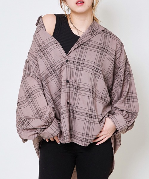 GORGE（ゴージ）の「《タンクトップ付き×チェック柄》レディース 抜け感シャツ 2点セット 春夏秋（シャツ/ブラウス・レディース・モカ/ブラック/オフホワイト/ネイビー・F）」の3枚目の写真