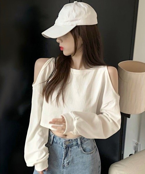 CANVAS+（キャンバスプラス）の「【CANVAS+】クロップド丈肩あきトップス（Tシャツ/カットソー・レディース・グレー/ホワイト・M）」の7枚目の写真