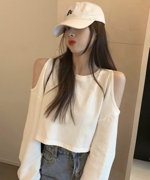 CANVAS+（キャンバスプラス）の「【CANVAS+】クロップド丈肩あきトップス（Tシャツ/カットソー・レディース・グレー/ホワイト・M）」の6枚目の写真