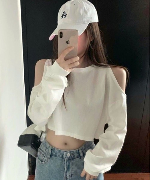 CANVAS+（キャンバスプラス）の「【CANVAS+】クロップド丈肩あきトップス（Tシャツ/カットソー・レディース・グレー/ホワイト・M）」の4枚目の写真