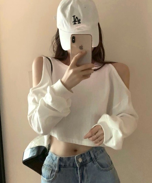 CANVAS+（キャンバスプラス）の「【CANVAS+】クロップド丈肩あきトップス（Tシャツ/カットソー・レディース・グレー/ホワイト・M）」の3枚目の写真