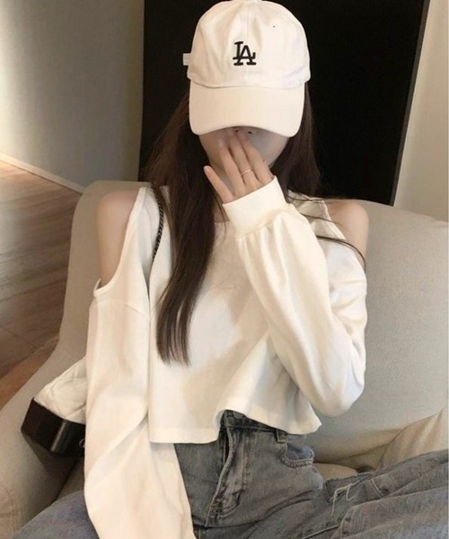 CANVAS+（キャンバスプラス）の「【CANVAS+】クロップド丈肩あきトップス（Tシャツ/カットソー・レディース・グレー/ホワイト・M）」の21枚目の写真