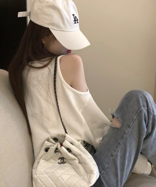 CANVAS+（キャンバスプラス）の「【CANVAS+】クロップド丈肩あきトップス（Tシャツ/カットソー・レディース・グレー/ホワイト・M）」の20枚目の写真