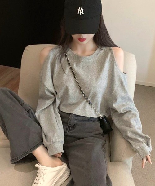 CANVAS+（キャンバスプラス）の「【CANVAS+】クロップド丈肩あきトップス（Tシャツ/カットソー・レディース・グレー/ホワイト・M）」の19枚目の写真