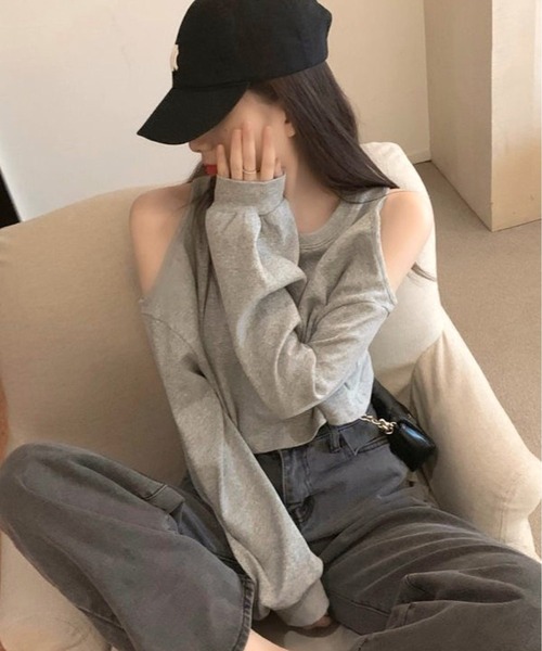 CANVAS+（キャンバスプラス）の「【CANVAS+】クロップド丈肩あきトップス（Tシャツ/カットソー・レディース・グレー/ホワイト・M）」の18枚目の写真