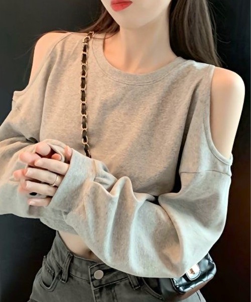 CANVAS+（キャンバスプラス）の「【CANVAS+】クロップド丈肩あきトップス（Tシャツ/カットソー・レディース・グレー/ホワイト・M）」の13枚目の写真
