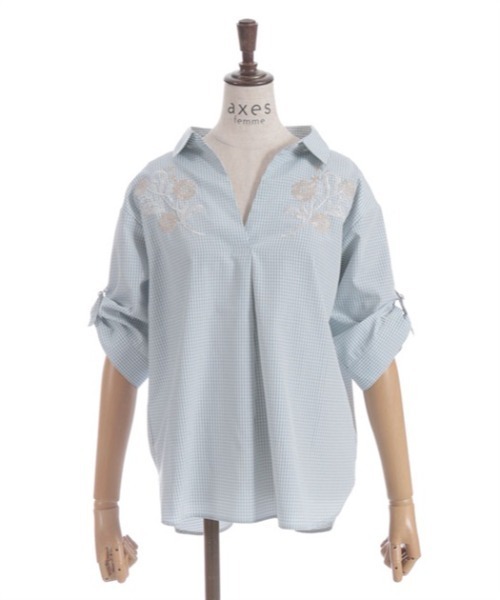 axes femme（アクシーズファム）の「花刺繍スキッパーシャツ（シャツ/ブラウス・レディース・ブラック/ホワイト/ミント/サックスブルー・FREE）」の8枚目の写真