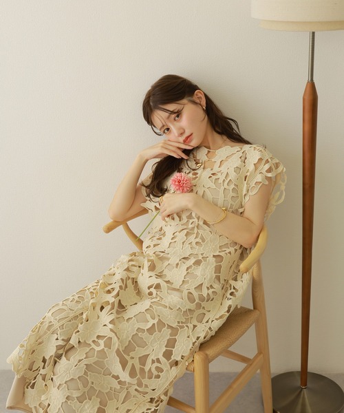 flower cutwork layered dress /フラワー カットワーク
