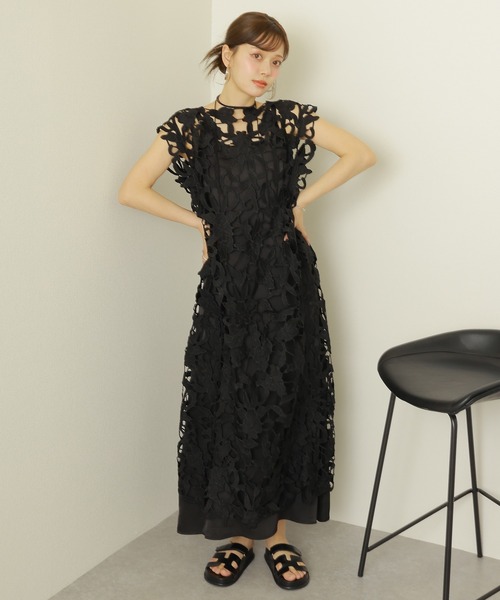 flower cutwork layered dress /フラワー カットワーク