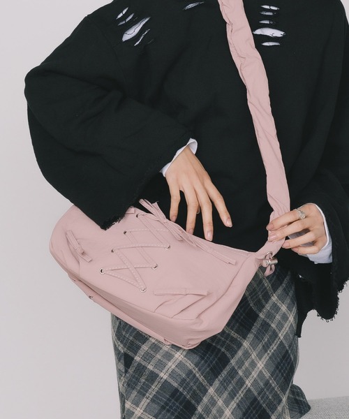 【PoyoPoyo♪プロフィール必読♪様オーダー】ハンドメイドシャーリングバッグ セール】編み上げリボンデザイン シャーリングショルダーバック 2way