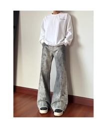 TopIsm | 総柄 USEDウォッシュ加工 裾ダメージバギーパンツ(デニムパンツ)