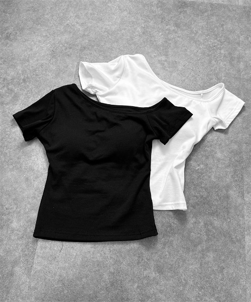 LVEU.（ラブユ.）の「【LVEU.】ワンショルカップイントップス / トップス カットソー ワンショル ワンショルダー アシメ アシンメトリー 半袖 クロップド ショート ブラック ホワイト（Tシャツ/カットソー・レディース・ホワイト/ブラック・FREE）」の17枚目の写真