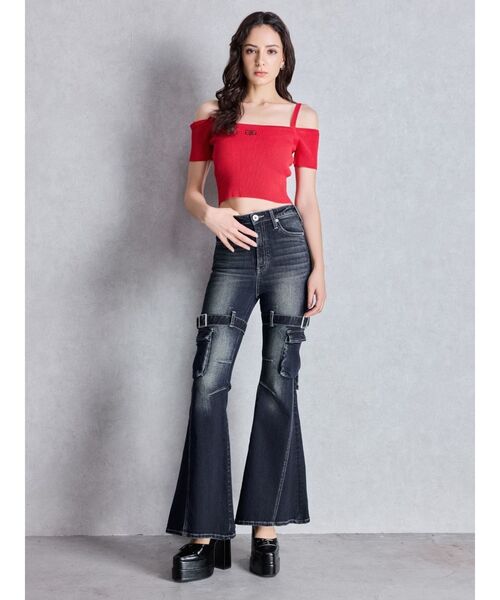 海外import❤️超ハイウエストデニムロングパンツ ハイウエスト strap cargo designフレアデニムパンツ（デニム