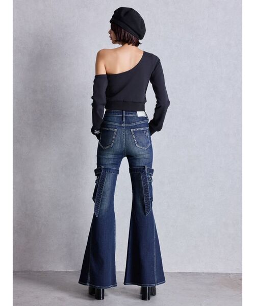 GYDAフレアデニムパンツ ジェイダ GYDA ハイウエスト SIDE BELT CUTデザインフレアデニム