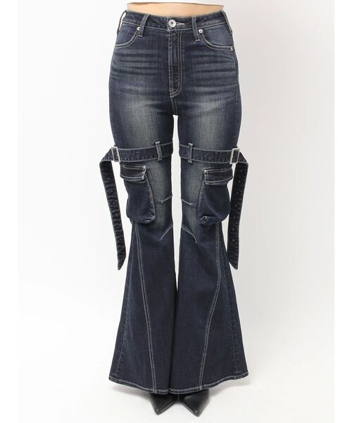 viavanda フレアデニム ハイウエストSIDE BELT CUTデザインフレアデニムパンツ[品番