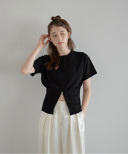 MINERTE（ミネルテ）の「【MINERTE】half zip hem knit / 裾ハーフジップ半袖ニット（ニット/セーター・レディース・ブラック/ブラウン系その他/ダークグレー・FREE）」の9枚目の写真