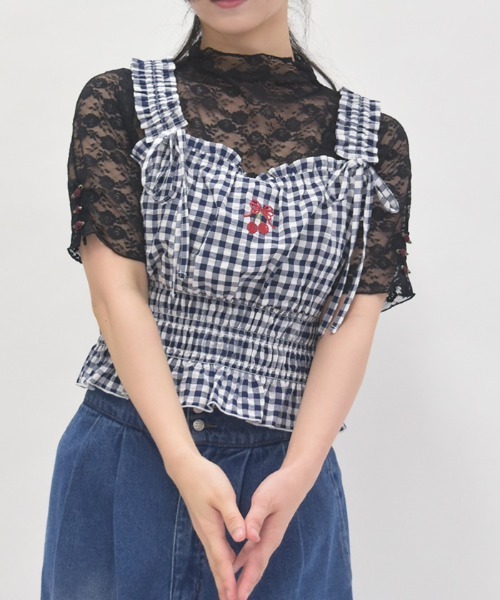 axes femme(アクシーズファム)の「ローズ付レーストップス(Tシャツ/カットソー・レディース・ブラック/ピンク/ホワイト・FREE)」の1枚目の写真