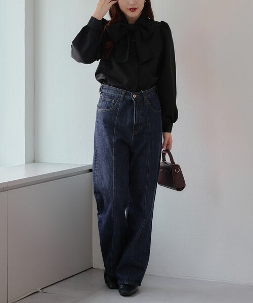 continuer de NICE CLAUP（コンティニューデナイスクラップ）の「【リバイバルアイテム】【新色登場！】リボンボウタイブラウス（シャツ/ブラウス・レディース・ブラック/オフホワイト/チェック/サックスブルー/ストライプ・FREE）」の20枚目の写真