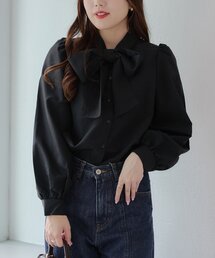 バリエーションボータイシャツ ブラック シャツ/ブラウス（ブラック/黒色系・ボウタイ襟）ファッション