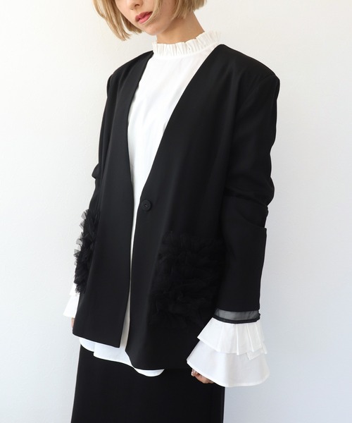 Three Four Time(スリーフォータイム)の「ポケットフリルジャケット(テーラードジャケット・レディース・ブラック/ブラウン・FREE)」の22枚目の写真